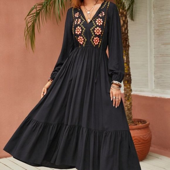 Dresses & Skirts - BOHO Flower Embroidered Tie Neck Lantern Sleeve Ruffle maxi dress